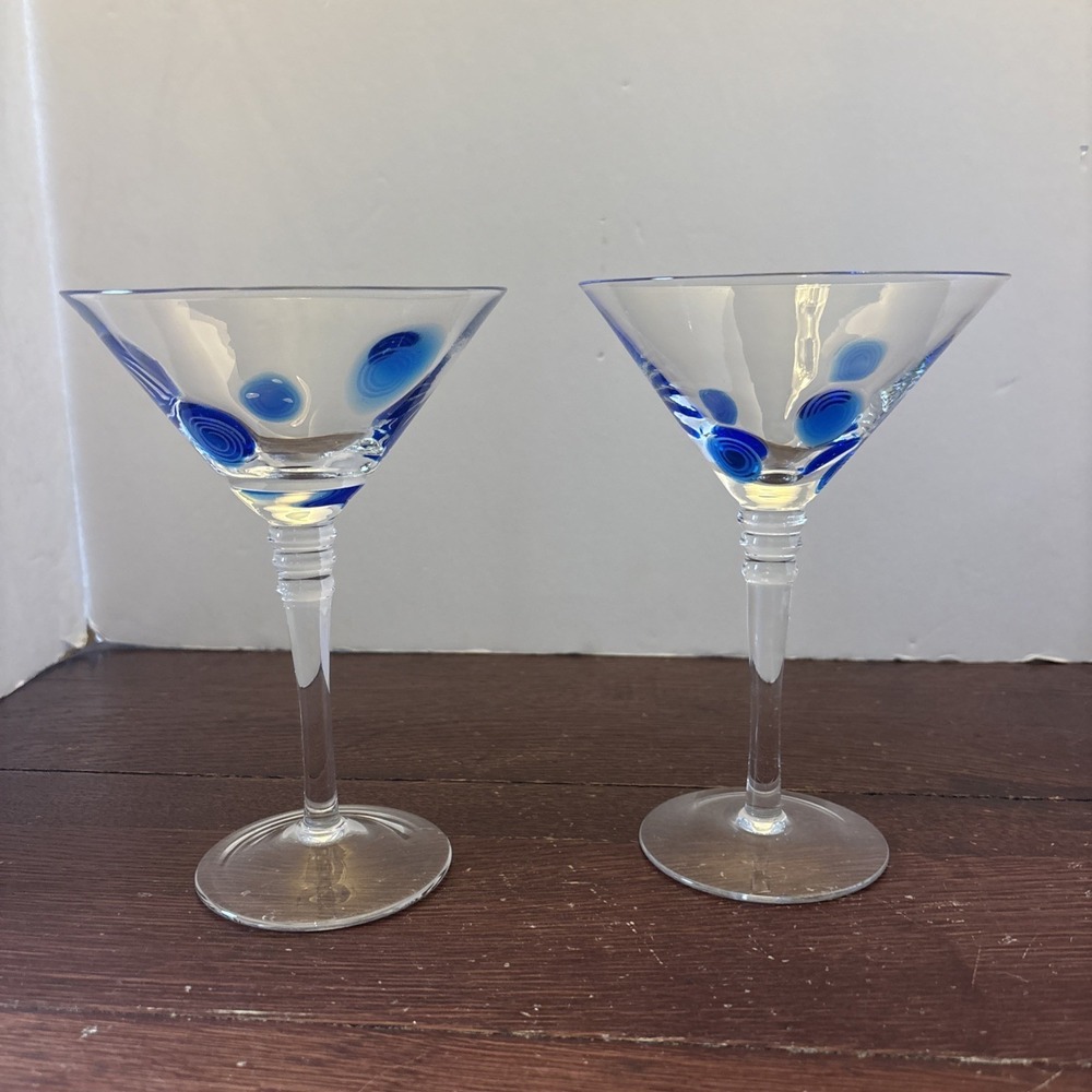 Stephen Kramer for Vietri Italy Blue Swirl Dot Tall Martini Glasses  - Set of 2
